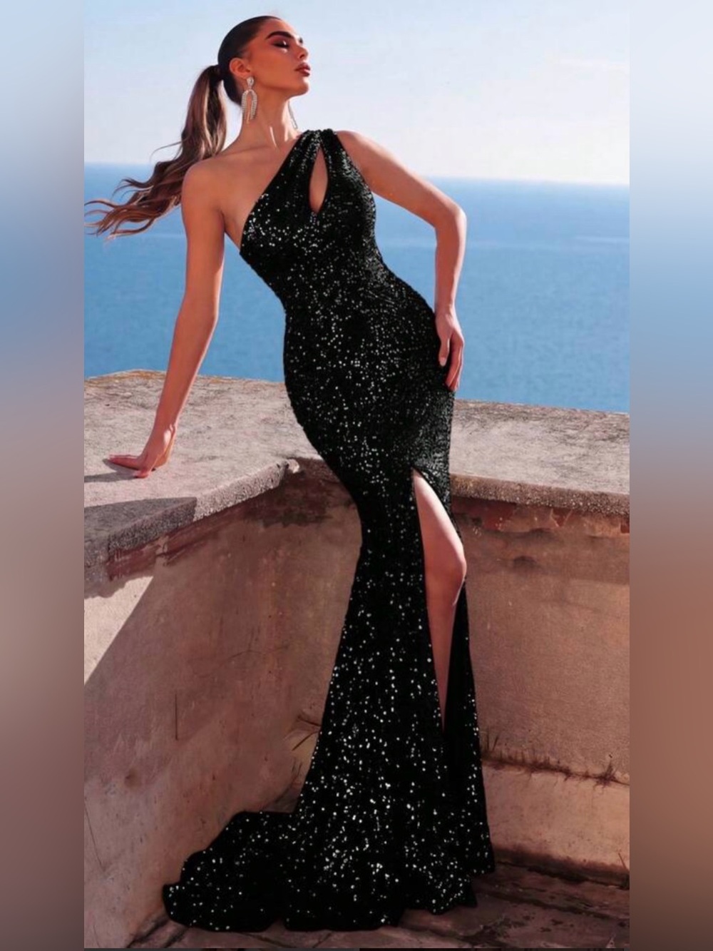 Midnite Shimmer Cinderella Divine NWT Gala Daring Slit Black Sequin Gown Size 6